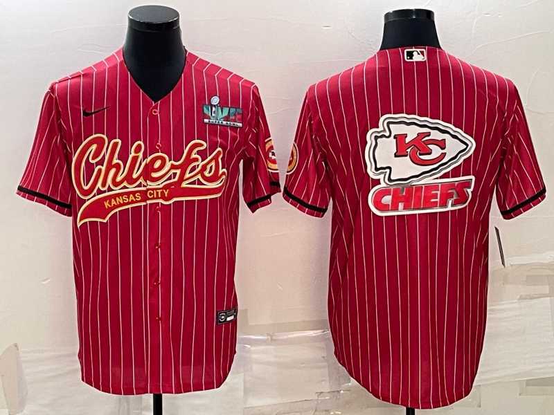Mens Kansas City Chiefs Red Team Big Logo With Super Bowl LVII Patch Cool Base Stitched Baseball Jersey